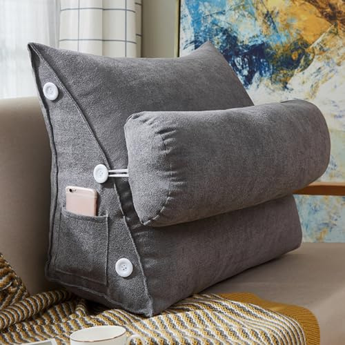 GOFOHIMI Home Dreieck Lesekissen, Keil-Lendenwirbelstützkissen, weiches Rückenstützkissen, Sofa-Taillenkissen, Rückenlehnenrolle, verstellbares Nackenkissen und Tasche,Grau，45x22x50cm
