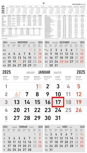 Zettler - 5-Monatskalender 2025 rot, 33x45cm, Bürokalender mit Jahresübersicht, Datumsschieber, faltbar, 5 Monate auf einen Blick, Ferientermine DE/AT/CH und internationales Kalendarium