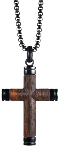 JewelryWe Smycken män läderkedja vintage träkors bokstäver etikett ringar kors hänge justerbart långt halsband läderkedja svart/brun, Trä