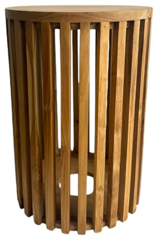 FaHome Handgefertigter Teakholz-Beistelltisch - Massivholz Natur-Unikat in Modernem Design – Holzleisten an den Seiten - Rundes Design