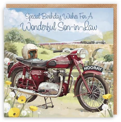 Hunts England - Grande carte d'anniversaire vintage pour beau-fils moto - Train à vapeur - Moto classique - Collection Milo's Gallery - 210 x 210 mm
