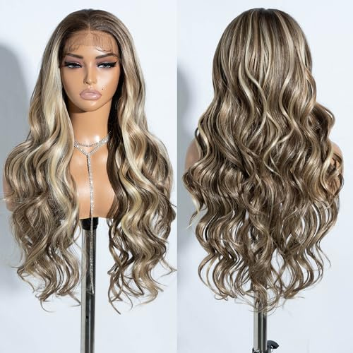 Joedir Körperwelle Perücken für Frauen 13X4 Lace Frontal Perücke Vorgezupft Synthetische Lace Front Perücken 30 Zoll Loose Deep Wave Perücke mit Baby Haar