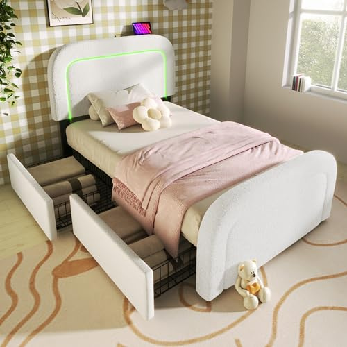 Dolamaní Einzelbett 90x200 mit Schubladen, Polsterbett mit Höhenverstellbarem Kopfteil, Stauraumbett Bettgestell mit Lattenrost (Ohne Matratze), Weiß (Weiß, 90x200cm-mit Schubladen)