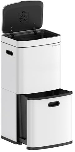 SONGMICS Kitchen Bin, 3-Compartment Rubbish Bin, 2 x 2.6 Gallons (10 L) and 7.9 Gallons (30 L), Steel, Space-Saving, Inner Buckets, Carbon Filter, 39.5 x 29.8 x 80.2 cm, Cloud White LTB551W02