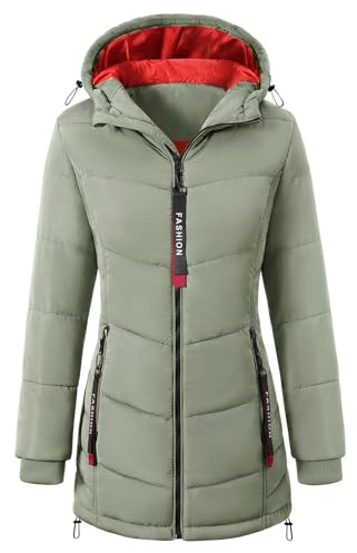CMTOP Varm vinterkappa dam lång jacka med huva jacka vindjacka mellanlång parkas dragkedja huvjacka dam ytterrockar enfärgad lång huva ytterrock med fickor, Färg: grön, S