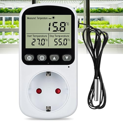 Digitalt termostatuttag, 3680 W, 16 A, 100–250 V, temperaturregulator, uttag med sensorsond, pluggtermostat med LCD-skärm, temperaturregulator, strömbrytare, uttag för växthus (EU-kontakt)