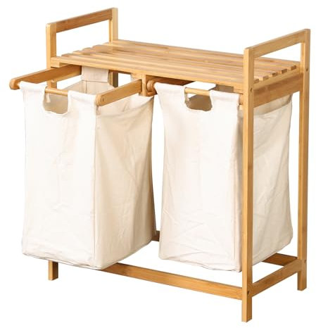 KARAT - Panier à linge en bambou - Bac à linge chambre Salle de bain - Collecteur de linge sale - Trieur en bois avec bac à linge - Tri-linge écologique - Dakota - 33P x 64L x 73H cm