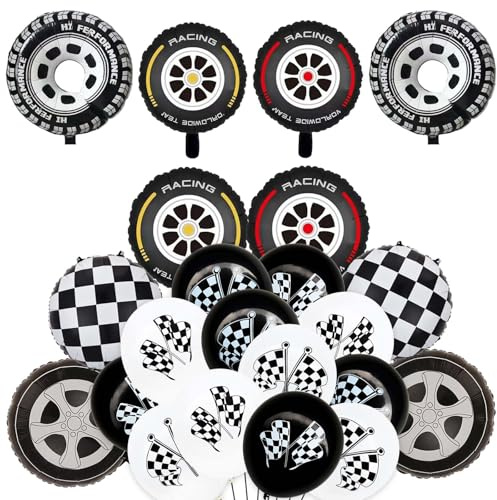 Erwachsenen Rennwagen-Party-Dekorationen Luftballons Set – Aluminiumfolie Ballons Reifen & Schwarz-Weiß-Flaggen, Ideal für Motorsport-Mottopartys und Erwachsenen-Events