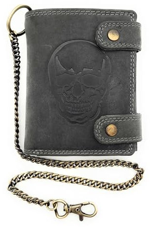 Lemasi Biker Geldbörse mit Kette RFID Schutz Hunterleder Portemonnaie Skull Totenkopf Skull Schädel (grau hoch Außenriegel)