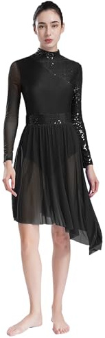 Jhaoyu Damen Eiskunstlauf Kleid Langarm Kürkleid Glitzer Chiffon Tanztrikot Ballett Tanzbody mit Röckchen Eislaufen Wettkämpfe Bühnenanzug Schwarz XXL