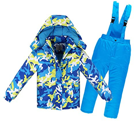 Combinaison de Ski Enfant Veste de Duvet à Capuche et Pantalons de Neige 2 Pièces Manches Longues Hiver Ensemble de Ski 2 Pièces Fille Garçon Pantalons de Ski et Doudoune à Capuche pour 3-10 Ans