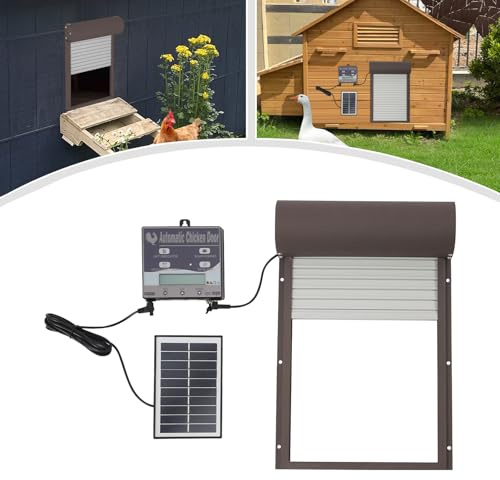 Automatische Hühnerklappe Solar mit Bedienfeld, Hühnertür Elektrische HühnerklappeTüröffner mit Fernbedienungs/Manueller/Timer/Lichtsensor-Modus für Geflügel (Dunkelbraun)