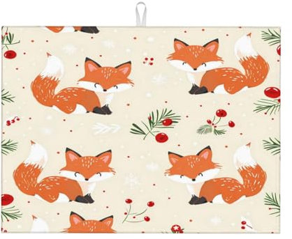 Alfombrilla Escurreplatos Hojas De Acebo De Navidad Zorro Esteras De Secado para Cocina con Lazo para Colgar Tapete Escurridor, para Ollas Y Sartenes, Tazas, Platos, 41x46cm