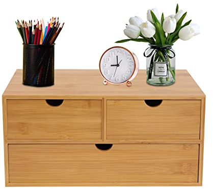 Tyvotrend Schreibtisch Organizer aus Holz, Aufbewahrungsbox mit 3 Schubladen, Bambus Schubladenbox Heimarbeitsplatz Bürobedarf, Ordnungssystem für Büro oder Schminktisch, 33x19x16cm