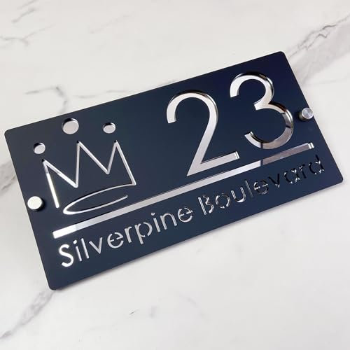 Plaque d'adresse personnalisée - Numéro de maison 3D en acrylique avec couronne, découpe au laser, design moderne avec effet flottant - Plaque extérieure pour maison, hôtel et appartement - Noir