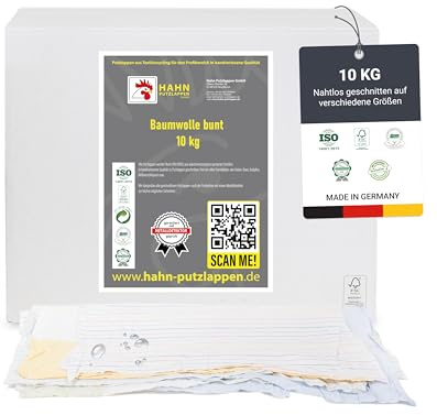 Hahn Putzlappen® Baumwolle Bunt [10 kg] – Nahtlos zugeschnitten auf Verschiedene Größen – Saugstark & langlebig für Werkstatt, Gebäudereinigung, Haushalt & Autopflege – 100% Recycling, Made in DE