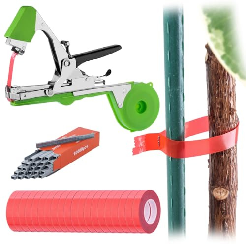 KADAX Set di pinze per piante, con 20 rotoli di nastro e 10000 graffette, ideale per legare rapidamente pomodori, cetrioli e piante rampicanti (rosso)