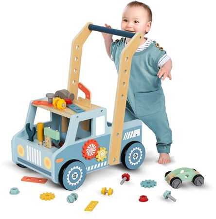 KAUZA 3-in-1 Lauflernwagen Holz, Montessori Lauflernhilfe mit Aufbewahrung für Kleinkinder 1–3 Jahre, Schiebehilfe für die ersten Schritte, Bau-und-Spiel Lernlaufwagen, Lernen & Erste Schritte