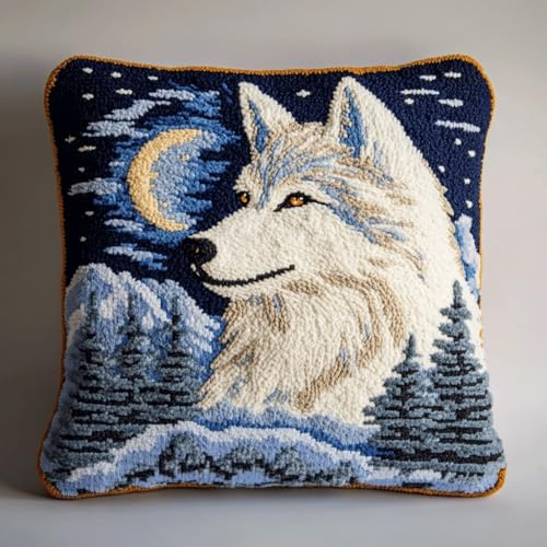 ASONGLINGO Latch Hook Kits Pillow with Printed Canvas Handmade Cushion Crochet Yarn Embroidery DIY Hook and Latch Kit Pillowcase Decoration 43x43cm(Animal Wolf -a182)