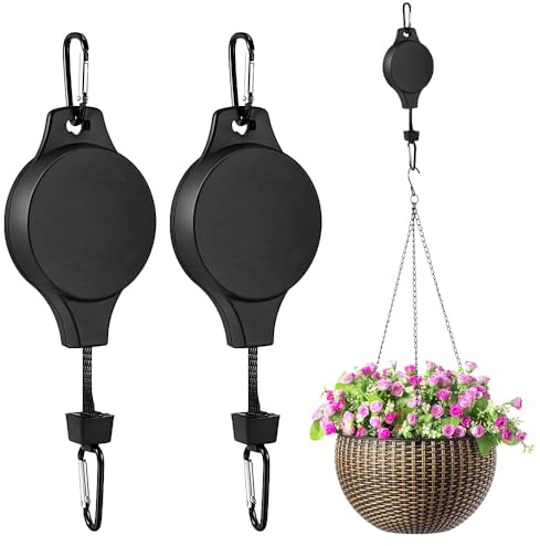 2 Pcs Retractable Hanging Basket Pulley System, Hanging Basket Hooks, Plant Pulley and Bird Feeder Rise and Fall (Black)