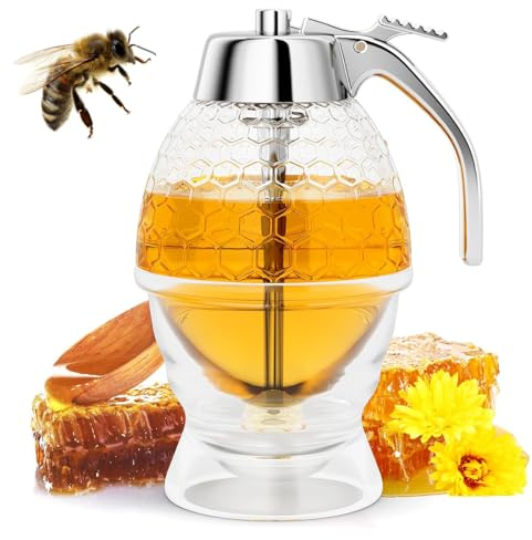 No Drip Honey Dispenser with Storage Base - 7 oz (200ml) Maple Syrup Dispenser, Honey Pot for Maple Syrup, Coffee & Jam