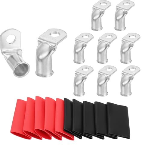 sourcing map 10pcs 1/0 Awg 90° Bent Copper Lugs Battery Cable Ends, 0 Gauge 5/16 Stud Battery Lugs Ring Terminal Connectors with 10pcs 3:1 Black & Red Heat Shrink Tubing,Silver