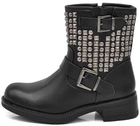 IF Bottines pour femme cheville Amphibiens moto Biker boucle clous 8081A RQ56, 189 Noir, 41 EU
