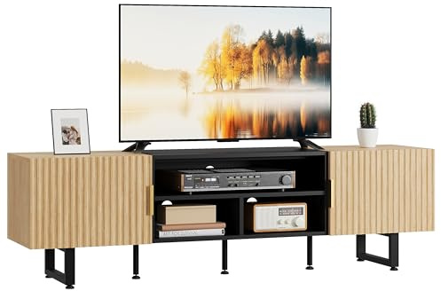 IRONCK TV Schrank 180cm Lowboard für Fernseher bis zu 65/75/80 Zoll, Fernsehtisch mit 2 Türen 3 offenen Fächern, Fernsehschrank Holz, Modern TV Board für Wohnzimmer, Schlafzimmer (Schwarz/Eiche)