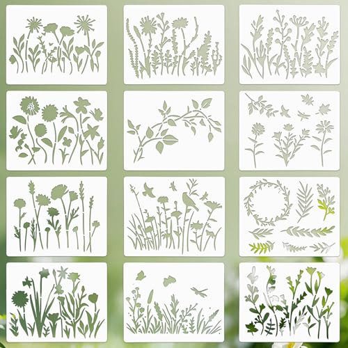 KEJOL 12 Blumen-Schablonen, wiederverwendbar, Natur-Blätter, multifunktionale Zeichenschablonen, Holz Leinwand Fenster Wand DIY Kunst Dekor Malerei