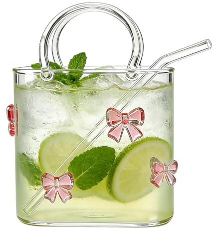 Generico Borsetta in vetros per bevande, Bicchiere da borsa da 720 ml con cannuccia, Vaso creativo a forma di borsa, Bicchieri da cocktail per succhi di frutta, tè, fiori, Regalo per donne