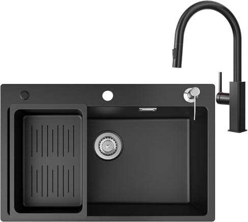 CECIPA Évier en granit noir 70 x 45 cm avec robinet de cuisine, évier encastrable, pour meuble bas de 70 cm, robinet extensible avec fonction douchette