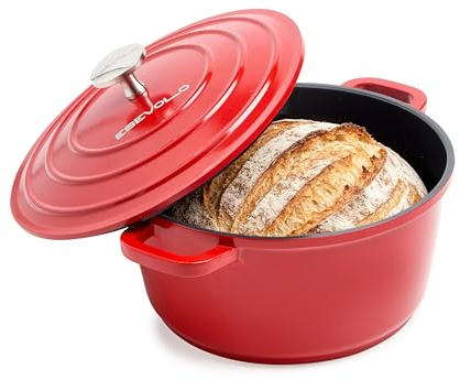 ESEVOLO - Olla de hierro fundido de inducción, 24 cm, redonda de hierro fundido de aluminio con revestimiento cerámico antiadherente, olla con tapa, ideal para sopa, estofados, pan, horno y gas, color