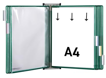Djois, 414605 - Magnetiskt väggpresentationssystem A4 porträtt - 10 anti-reflekterande PVC-svängbara fickor - professionell biljettdisplay, industri, lager, butiker, kontor - grön