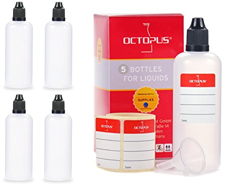 Octopus 5 Tropfflaschen à 100 ml aus LDPE mit Tropfverschluss schwarz | Für Tinten, Öle, Aromen und Kosmetik, geeignet zum sauberen Umfüllen und kontrollierten Portionieren