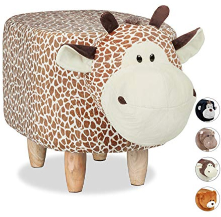 Relaxdays Tierhocker Giraffe, für Kinder, gepolstert, niedliche Dekohocker mit Tiermotiv, aus Holz, Schonbezug, beige-braun