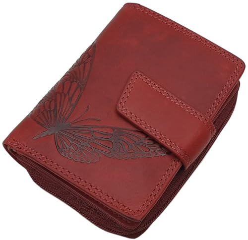 Kleine Echt Rindleder Damen Geldbörse/Geldbeutel/Portemonnaie/Geldtasche in Hochformat mit RFID & NFC Schutz (Mit Schmetterling-Motiv/Kirschrot)