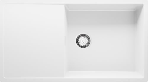 PRIMAGRAN Spülbecken ab 60er Unterschrank + Ablauf-Set, 90x50cm | Set: Ablauf-Set (Siphon, Ablaufgarnitur, Überlauf) + Granitspüle 1 Becken - Ibiza , Weiß