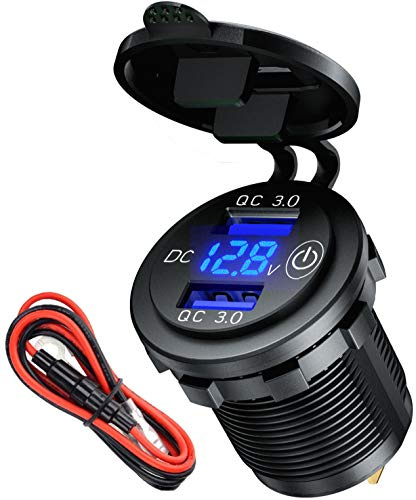 USB Steckdose 12V mit Schalter Quick Charge 3.0 Auto Ladegerät KFZ Zigarettenanzünder USB Adapter 12 Volt Einbaubuchse Stecker wasserdichte mit LED Voltmeter für Motorrad, Wohnwagen, Boot,LKW
