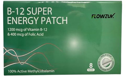 Flowzuk Transdermal Vitamin B12 Patches - with 1200mcg Methylcobalamin + 400mcg Folic Acid - 8 Topical Skin Patches for Energy - Effective B12 Supplementation for Better Absorption