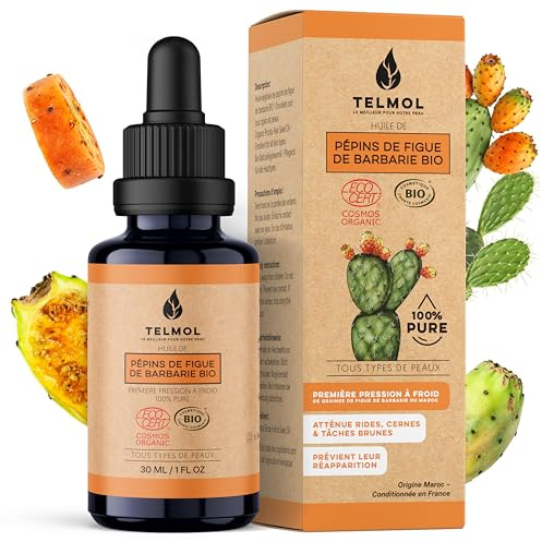TELMOL Huile de Pépins de Figue de Barbarie Bio (30ml) — Flacon en verre violet biophotonique & Pipette — 100% Pure, Première Pression à Froid — Huile de Figue de Barbarie Bio Visage Anti-Âge