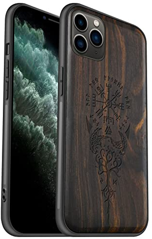 Carveit Coque pour iPhone 11 Pro Max Etui [Élégant Bois Sombre] [Pare-Chocs en TPU Souple] Étui de téléphone Antichoc Compatible avec Apple 11 Pro Max Coques en Bois (Viking Compas)