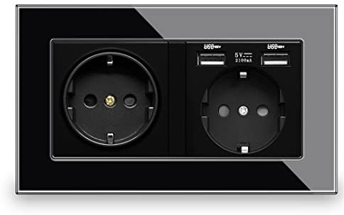 EU Standard USB Panneau cristallin Noir 5V Interface USB 146 mm * 86 mm AC 110~250V Double Trame de paroi EU Socket (2 USB)