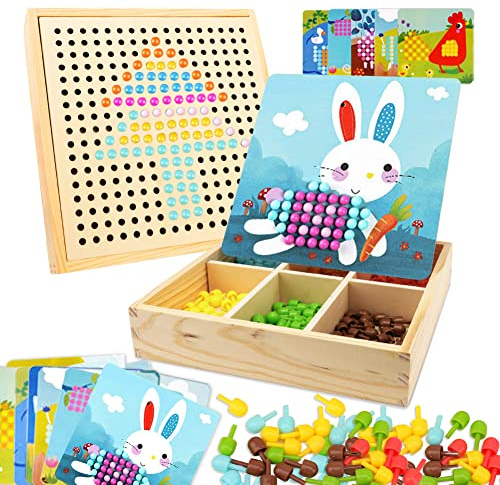 Gohytal Mosaik Steckspiel für Kinder, Spielzeug ab 2 3 4 5 Jahre Holz Mosaik Bastelset Kinder Pegboard Gabelungen mit Steckperlen&Karten Montessori Steckspiel 3D Geschenke für Jungen Mädchen,Bauernhof