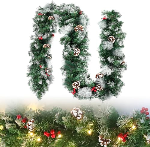 HENGMEI 8M Weihnachtsgirlande Tannengirlande mit Beleuchtung Weihnachtsdeko Girlande Verschiedene Formen Aussen und Innen Deko für Weihnachten Treppen (Mit Lichterkette, 800cm Weiß Schnee)