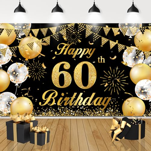 Hintergrund zum 60. Geburtstag, großes schwarz-goldenes Happy Birthday-Banner, Partyschild, 60. Fotohintergrund, Party-Dekorationen für Männer und Frauen, 180 x 110 cm