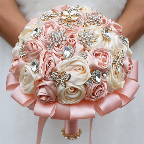 Mhojpik 8.7 Peach Pink & Cream Bridal Wedding Bouquet Round Bling Brooch Bouquet Throw Toss Artificial Rose Flower Bunch for Bride Bridesmaid Wedding Quinceanera