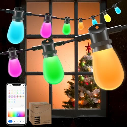 Gaoxun Guirlande Lumineuse Exterieure, 15M RGBW Guirlande Guinguette Exterieur, Contrôle APP, 15 Ampoules S14 Incassables, Dimmable, Minuterie, 33 Modes de Scène, 234 Effets d'éclairage, IP44 étanche