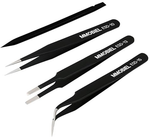 MMOBIEL 3x Industrie Präzision ESD Pinzetten Antistatisch Edelstahl für Elektronik-Werkzeuge, Schmuck, Computer, Laborarbeiten, Handwerk und Hobbys etc. - Inklusive Plastik Öffnungswerkzeug