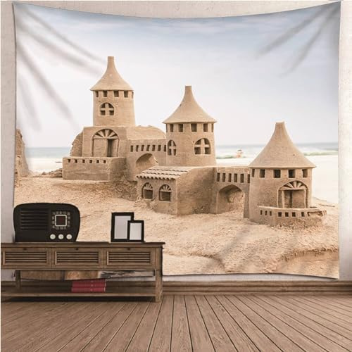 Mesnt Wandteppich Aesthetic, Sandskulpturenschloss Wandbehang Bettwäsche Tapisserie (Beige, 240 x 220 cm)