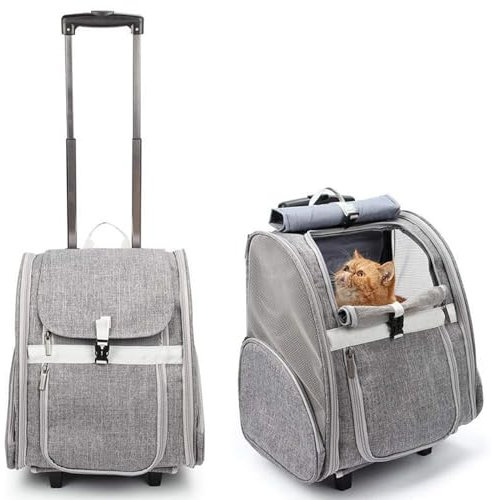 PJDDP Hunderucksack Mit Trolley, Katzenrucksack Große Katzen,Hunderucksack Bis 5Kg,2 in 1 Katzenrucksack Mit Rollen Für Transport,Multifunktionaler Rucksack Mit Anti-Offener Reißverschluss